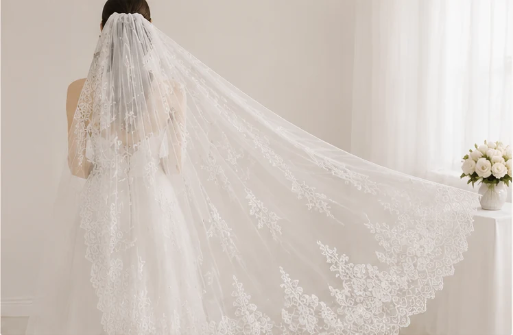 Bridal lace applied to a wedding veil