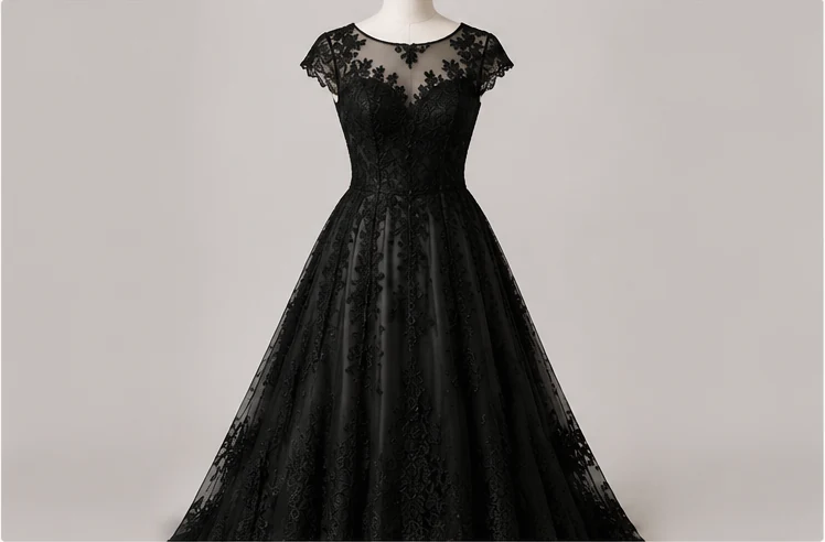Black lace applied to an evening gown